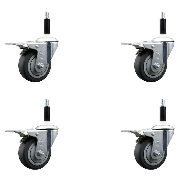 3.5'' SS Thermoplastic Rubber Swivel 7/8'' Expanding Stem Caster Set Total Lock Brake, 4PK